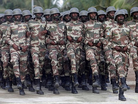 Somali military officers march in a parade during celebrations to mark the 62nd anniversary of the Somali National Armed Forces in Mogadishu, Somalia April 12, 2022. 
