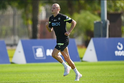 Erling Haaland trains with Manchester City team during the winter break in Abu Dhabi.