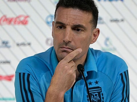 Argentina's coach Lionel Scaloni holds a press conference at the Qatar National Convention Centre in Doha on Thursday.