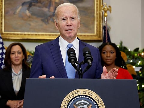 US President Joe Biden speaks to reporters about the release of WNBA basketball star Brittney Griner by Russia, as Vice President Kamala Harris and Cherelle Griner listen, in the Roosevelt Room at the White House in Washington, US December 8, 2022.