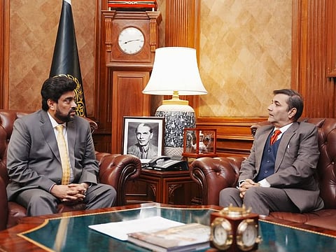 New Karachi Administrator, Dr Syed Saif-ur-Rehman (right), meets Sindh Governor, Kamran Khan Tessori, at Sindh Governor House.  