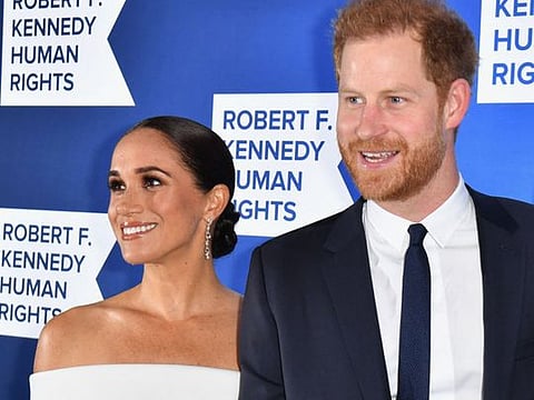 Prince Harry, Duke of Sussex, and Meghan, Duchess of Sussex, arrive at the 2022 Robert F Kennedy Human Rights Ripple of Hope Award Gala at the Hilton Midtown in New York City on December 6, 2022. 