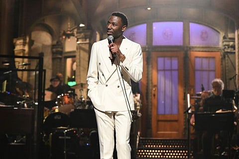 This image released by NBC shows host Jerrod Carmichael during his monologue on "Saturday Night Live."