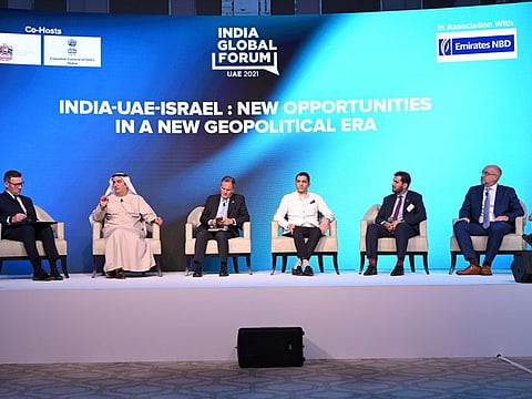 A panel discussion under way at the India Global Forum in Dubai last year. 