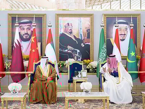Sheikh Hamad bin Mohamed Al Sharqi, UAE Supreme Council Member and Ruler of Fujairah with Prince Mohammed bin Abdulrahman bin Abdulaziz Al Saud, Deputy Governor of Riyadh upon arriving at King Khalid International Airport to attend the Gulf Cooperation Council (GCC) Summit.