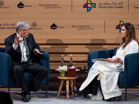 Bill Gates during a chat with Rima al Mokarrab at the IAD Forum on Catalytic Philanthropy on Sunday in Abu Dhabi