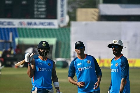 From left: India's Virat Kohli, head coach Rahul Dravid and batting coach Vikram Rathour oversee the practice session at Zahur Ahmed Chowdhury Stadium in Chattogram on Tuesday.