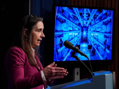 Kim Budil, director of the Lawrence Livermore National Laboratory, discusses a major scientific breakthrough in fusion research that was made at the lab in California, during a news conference at the Department of Energy in Washington, Tuesday, Dec. 13, 2022.