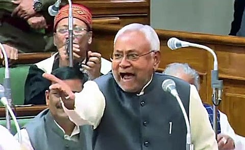 Bihar Chief Minister Nitish Kumar reacts to Bharatiya Janata Party (BJP) MLAs  during the Winter Session of State Assembly when Leader of Opposition in State Assembly Vijay Kumar Sinha questioned the state government's liquor ban in the wake of deaths due to spurious liquor in Chapra, in Patna on Wednesday, Dec 14, 2022.