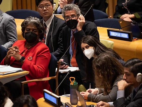 Permanent Representative and Ambassador of the US Linda Thomas-Greenfield (left) and other representatives are seen during the 5th plenary meeting of the Economic and Social Council regarding the removal of Iran from membership in the Commission on the Status of Women at the United Nations headquarters in New York City on December 14, 2022.  
