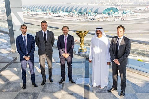 Sheikh Ahmed Bin Saeed Al Maktoum along with AC Milan's senior management team during the sponsorship signing at the Emirates Headquarters in Dubai.