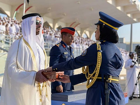 Lt. General Sheikh Saif bin Zayed Al Nahyan, Deputy Prime Minister and Minister of Interior, hands over the awards to top graduates and congratulated them on their efforts and excellence during the graduation ceremony of the 52nd male batch and the 12th female batch of pilots at the Khalifa bin Zayed Air College, UAE. 