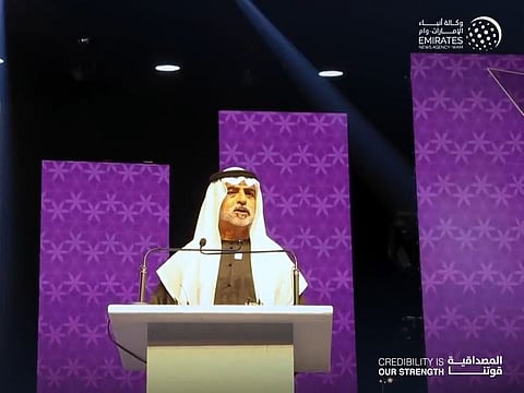 Still from WAM video showing Sheikh Nahyan bin Mubarak Al Nahyan delivering his keynote at the forum 