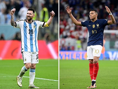 Argentina’s forward Lionel Messi (left) and France’s forward Kylian Mbappe. Today we’ll see if a genius leaves his mark for posterity or the future hope steps up
