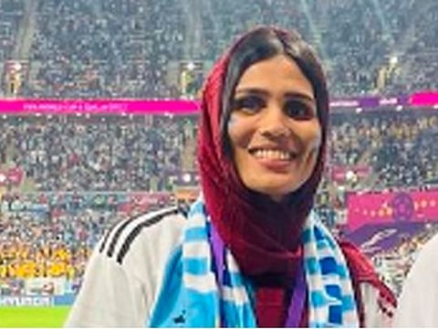 Najira Noushad and five children show their support for Argentina during a stopover in Abu Dhabi, en route to their drive to Doha to watch the Qatar World Cup football games. Najira drove around 3,000km from her hometown of Thalassery, Kannur, in the southern Indian state of Kerala to reach Doha. 