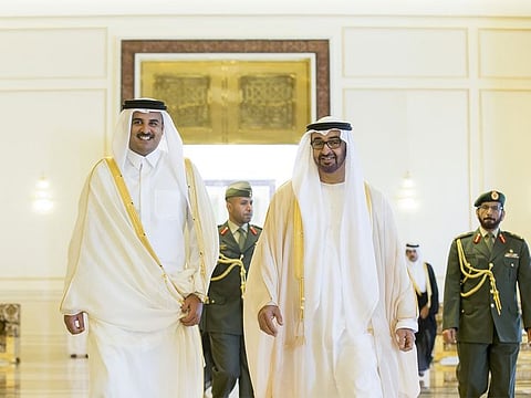 President His Highness Sheikh Mohamed bin Zayed Al Nahyan with Sheikh Tamim bin Hamad Al-Thani, Emir of Qatar