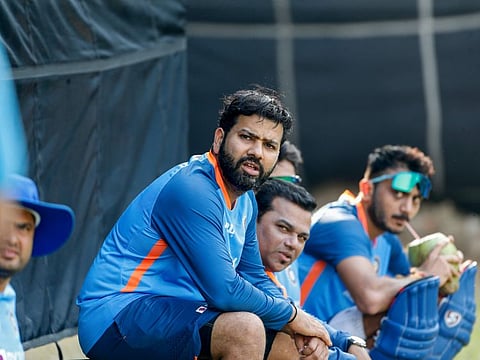 India's captain Rohit Sharma sits during a training session during the Bangladesh tour.