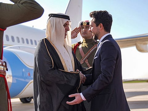 Sheikh Saud bin Saqr Al Qasimi, Supreme Council Member and Ruler of Ras Al Khaimah, arrived today at Queen Alia International Airport leading the UAE's delegation for the second Baghdad Conference for Cooperation and Partnership, which is taking place today in Jordan, along with regional and international participation.The Ruler of Ras Al Khaimah was received by Prince Al Hussein bin Abdullah II, the Crown Prince of Jordan; Jordan's Prime Minister Dr. Bishr Al-Khasawneh; serval ministers, and a number of senior Jordanian officials. AFP