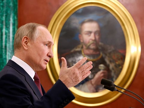 Russian President Vladimir Putin speaks during a news conference following a meeting of the State Council on implementing the youth policy in current conditions, at the Kremlin in Moscow, Russia on Thursday, Dec. 22, 2022. (Valery Sharifulin, Sputnik, Kremlin Pool Photo via AP)