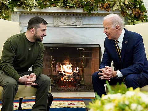 President Joe Biden speaks during a meeting with Ukrainian President Volodymyr Zelensky in the Oval Office of the White House, Wednesday, Dec. 21, 2022, in Washington. 