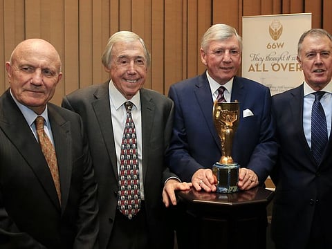 Members of the England 1966 World Cup winning team (from left), George Cohen, Gordon Banks, Martin Peters and Geoff Hurst with the official English Football Association replica of the Jules Rimet trophy in 2016.