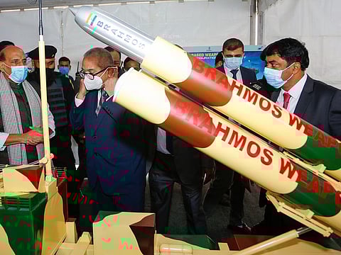 Defence Minister Rajnath Singh with Department of Defence, Secretary G Satheesh Reddy (R) and other dignitaries visit an exhibition at the foundation stone laying ceremony of BrahMos Missiles production unit and DRDO Lab, in Lucknow on Sunday. 
