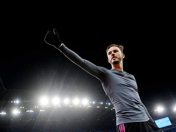 Leicester City's James Maddison acknowledges fans after the match against Manchester City
