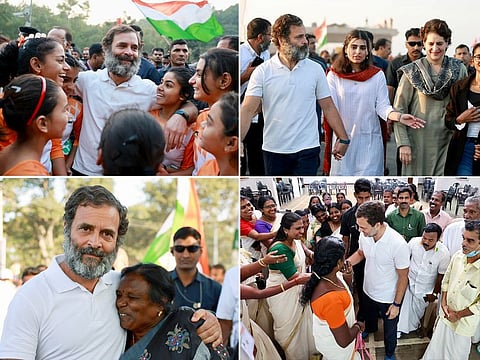 Clockwise from top left: Congress leader Rahul Gandhi interacts with the young supporters while leading the party's Bharat Jodo Yatra, in Alwar,  Rahul Gandhi along with his sister and party's general secretary Priyanka Gandhi Vadra and her daughter Miraya Vadra during the party's Bharat Jodo Yatra, in Bundi, Rahul Gandhi interacts with the Kerala Kasavu Silk weavers during the party's Bharat Jodo Yatra, at Balaramapuram, in Thiruvananthapuram and Rahul Gandhi embraces a supporter during party's Bharat Jodo Yatra, at Choutkul, in Sangareddy.  