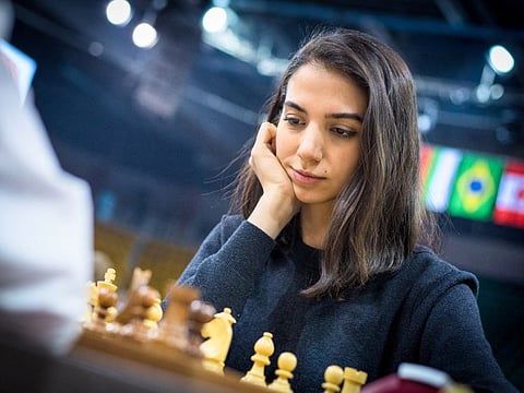 Iranian chess player Sara Khadem competes, without wearing a hijab, in FIDE World Rapid and Blitz Chess Championships in Almaty, Kazakhstan December 26, 2022.