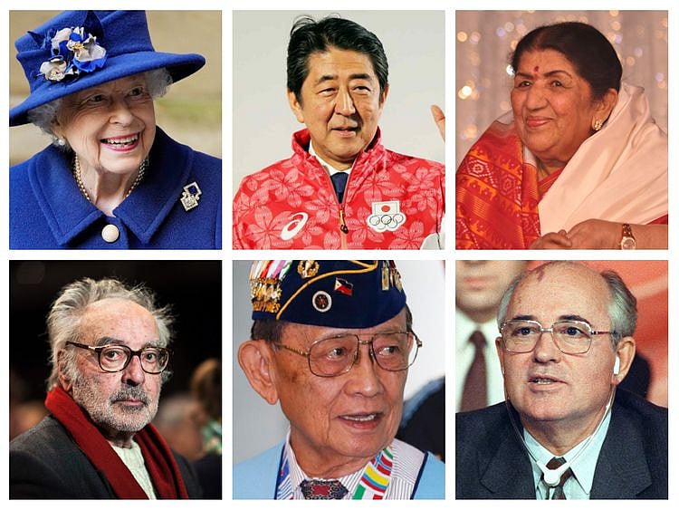 Clockwise from top-left: Queen Elizabeth II, Shinzo Abe, Lata Mangeshkar, Mikhail Gorbachev, Fidel Valdez Ramos and Jean-Luc Godard.
