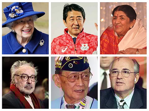 Clockwise from top-left: Queen Elizabeth II, Shinzo Abe, Lata Mangeshkar, Mikhail Gorbachev, Fidel Valdez Ramos and Jean-Luc Godard.