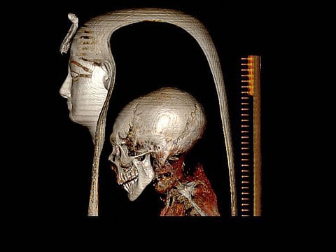 A handout picture released by the Egyptian Ministry of Antiquities on December 28, 2021, shows a 3D reconstruction of the head of Amenhotep I, created using computed tomography (CT) scans. Egypt has "digitally unwrapped" the mummy of famed Pharaoh Amenhotep I revealing its secrets without disturbing his funerary mask for the first time since it was discovered in 1881.