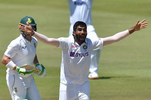 India's Jasprit Bumrah (right) successfully appeals for a leg before wicket decision against South African captain Dean Elgar during the fifth day of the first Test at SuperSport Park in Centurion on Thursday.