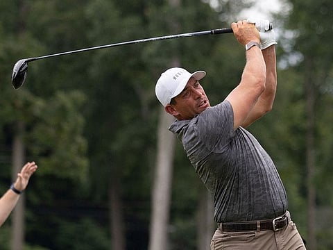 Aug 21, 2022; Wilmington, Delaware, USA; Scott Stallings plays his shot from the third tee during the final round of the BMW Championship golf tournament. 