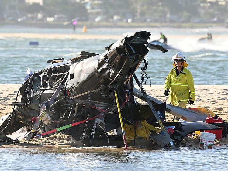 The wreckage of a helicopter 