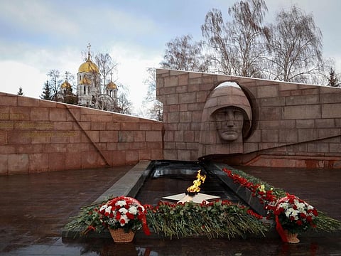 A photo shows the memorial Eternal flame and flowers laid in memory of more than 60 Russian soldiers that Russia says were killed in a Ukrainian strike on Russian-controlled territory, in Samara, on January 3, 2023.