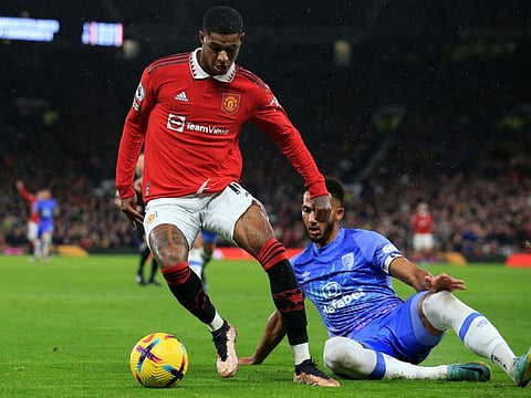 Bournemouth's defender Lloyd Kelly (right) vies with Manchester United's striker Marcus Rashford during the English Premier League match at Old Trafford in Manchester, north west England.