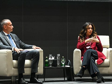 Lana Nusseibeh discussing the UAE’s experience on the UN Security Council with Nikolay Mladenov, AGDA director general, during the session at Anwar Gargash Academy in Abu Dhabi. 