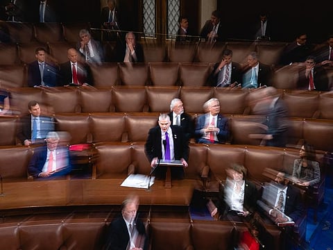 Representative Matt Rosendale, a Republican from Montana, nominates Representative Byron Donalds, a Republican from Florida, for Speaker of the House during a meeting of the 118th Congress in the House Chamber at the US Capitol in Washington, DC, US, on Thursday, January 5, 2023. 