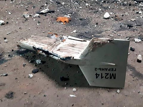 This undated photograph released by the Ukrainian military's Strategic Communications Directorate shows the wreckage of what Kyiv has described as an Iranian Shahed drone downed near Kupiansk, Ukraine. 