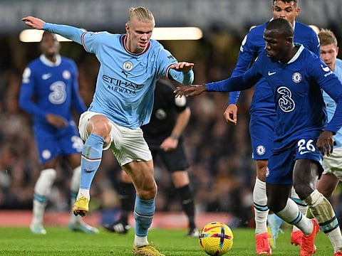 Chelsea's Kalidou Koulibaly (right) vies with Manchester City's Erling Haaland during their recent English Premier League clash at Stamford Bridge in London. The teams will face off once again in the FA Cup third round on Sunday. 