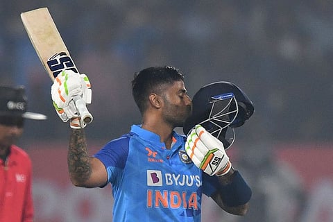 India's Suryakumar Yadav celebrates after scoring a century during the third Twenty20 international cricket against Sri Lanka at the Saurashtra Cricket Association Stadium in Rajkot.