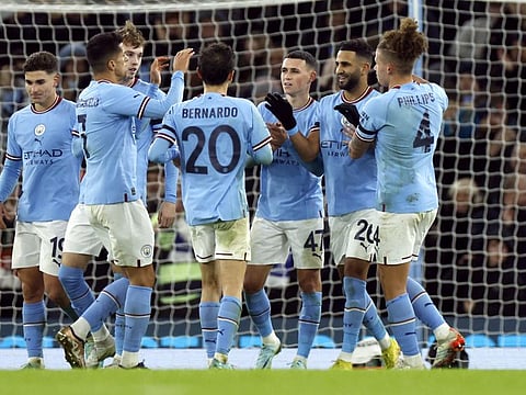Manchester City's Riyad Mahrez celebrates scoring their fourth goal against Chelsea in the FA Cup third round at the Etihad Stadium, Manchester. 