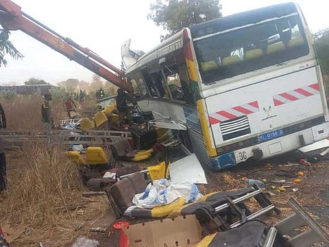 A general view of the scene of a bus accident in Kaffrine, central Senegal, on January 8, 2023 where at least 38 people have died and scores were injured when two buses collided.
