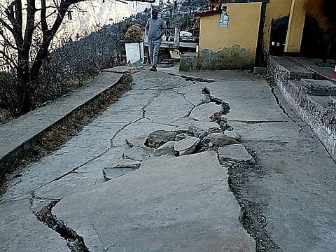 A view of damaged pavement in an area due to landslides, in Joshimath on Saturday, Jan 7, 2023. ANI