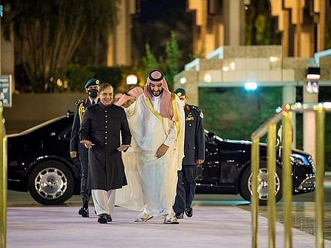  Saudi Arabia’s Crown Prince and Prime Minister Mohammad bin Salman with Pakistan Prime Minister Shebaz Sharif in a file photo.
