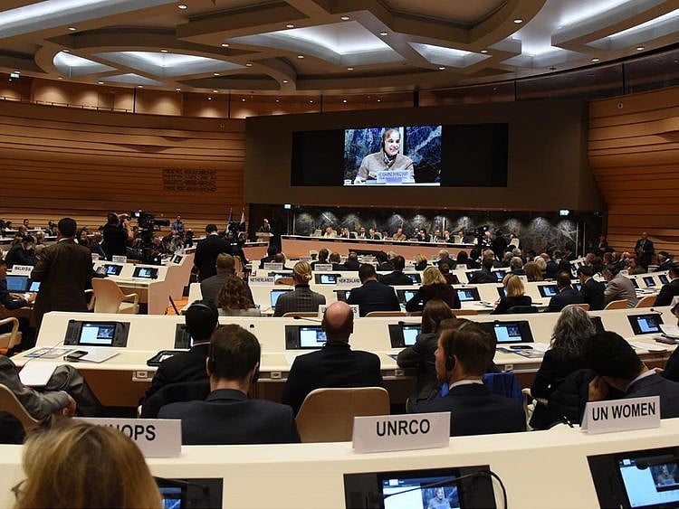 Pakistan’s Prime Minister Shehbaz Sharif addressing the international conference on floods recovery in Geneva, Switzerland, on January 9, 2023. 