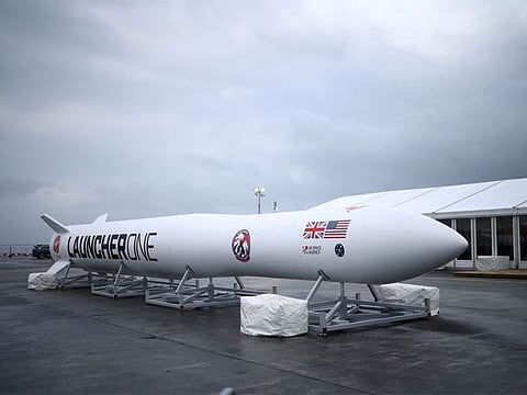 A replica model of Virgin Orbit's LauncherOne rocket sits in a media area ahead of UK's First launch at Newquay Airport in Newquay, Britain, January 8, 2023. 