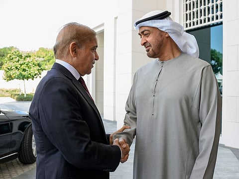 His Highness Sheikh Mohamed bin Zayed Al Nahyan, President of the UAE meeting with Shehbaz Sharif, Prime Minister of Pakistan at Al Shati Palace in Abu Dbabi.