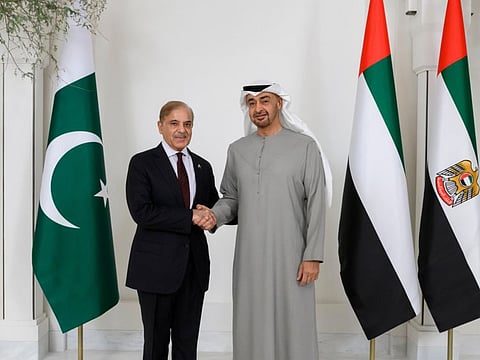 His Highness Sheikh Mohamed bin Zayed Al Nahyan, President of the UAE and Shehbaz Sharif, Prime Minister of Pakistan, stand for a photograph prior to their meeting at at Al Shati Palace.